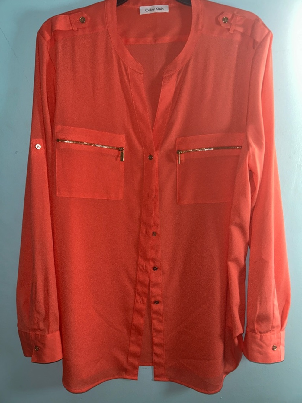 Calvin Klein women’s Orange Long-Sleeve Button-Front Shirt with Zip Pockets